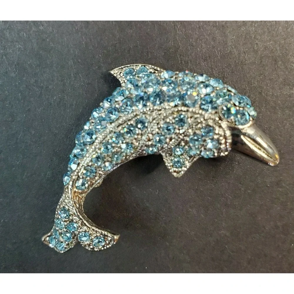 Silver Tone Metal & Blue Rhinestones Dolphin Porpoise Brooch Pin